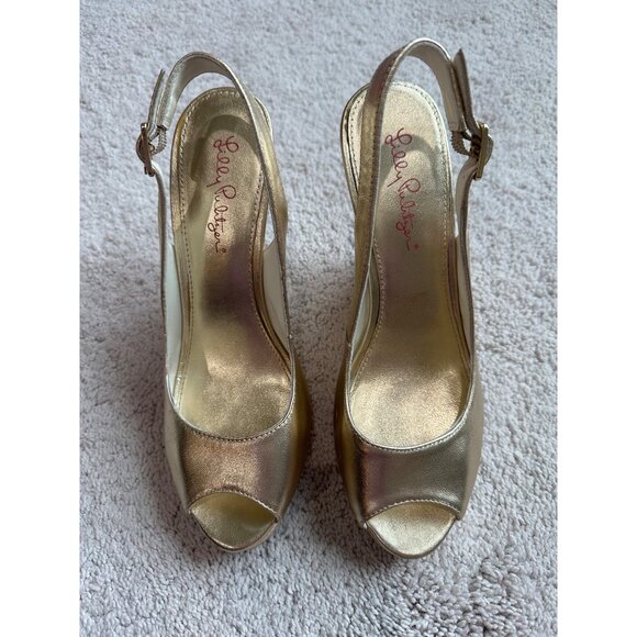 Lilly Pulitzer Size 9 Gold Metallic Kristin Wedge Peeptoe Sandal - Picture 2 of 16